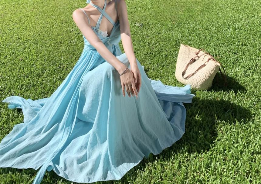 Halter Ruched Plain Back Floral Maxi A-Line Accent Neck Layered Open Dress