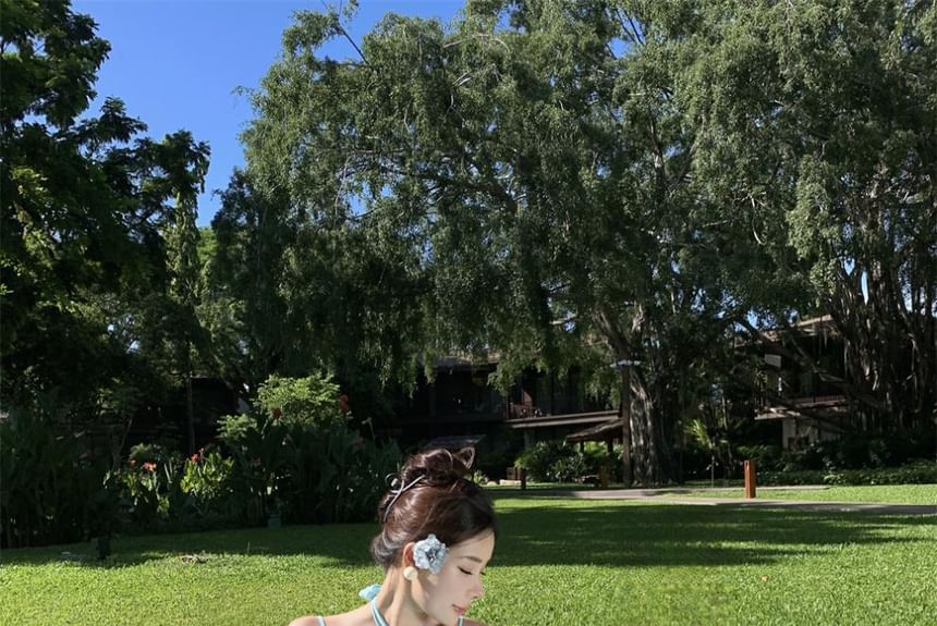 Halter Ruched Plain Back Floral Maxi A-Line Accent Neck Layered Open Dress