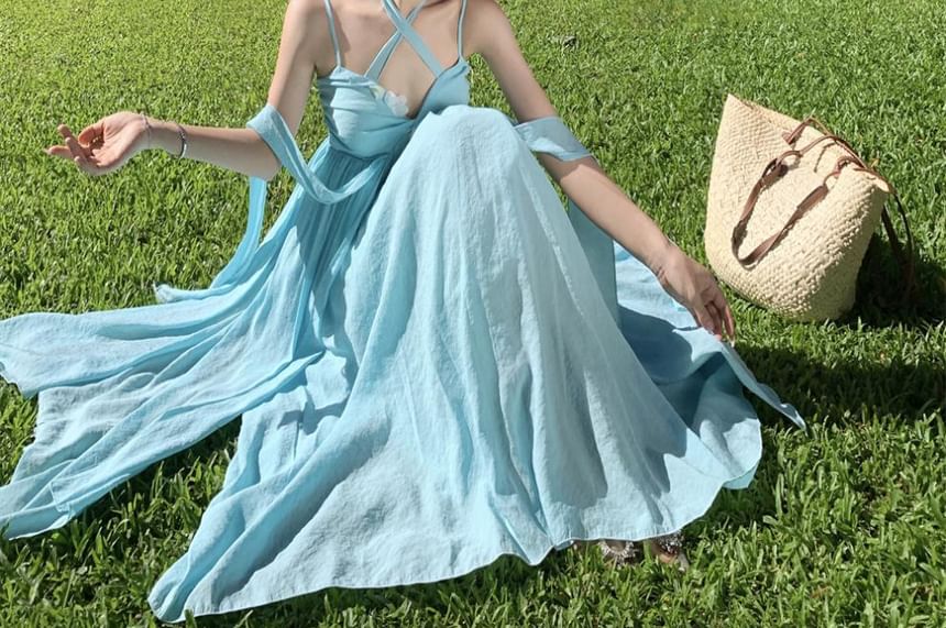 Halter Ruched Plain Back Floral Maxi A-Line Accent Neck Layered Open Dress