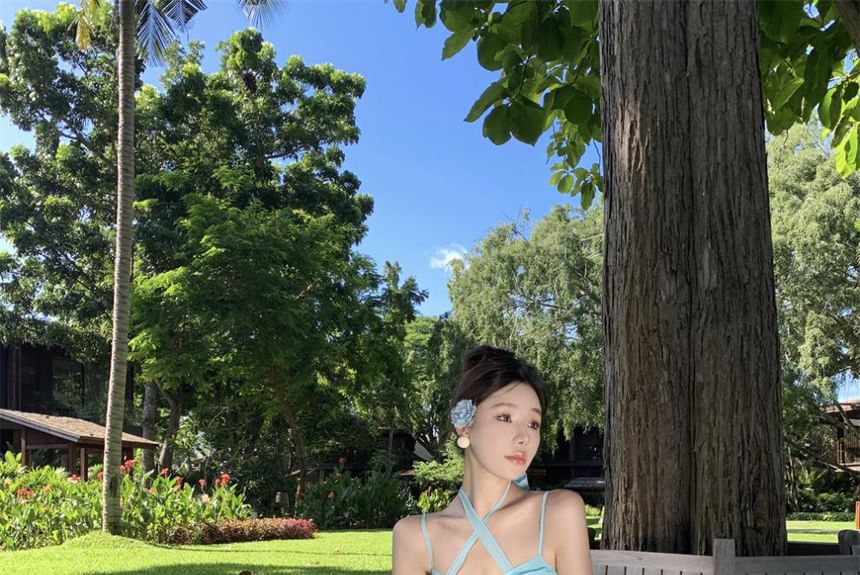 Halter Ruched Plain Back Floral Maxi A-Line Accent Neck Layered Open Dress