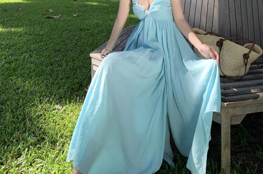 Halter Ruched Plain Back Floral Maxi A-Line Accent Neck Layered Open Dress