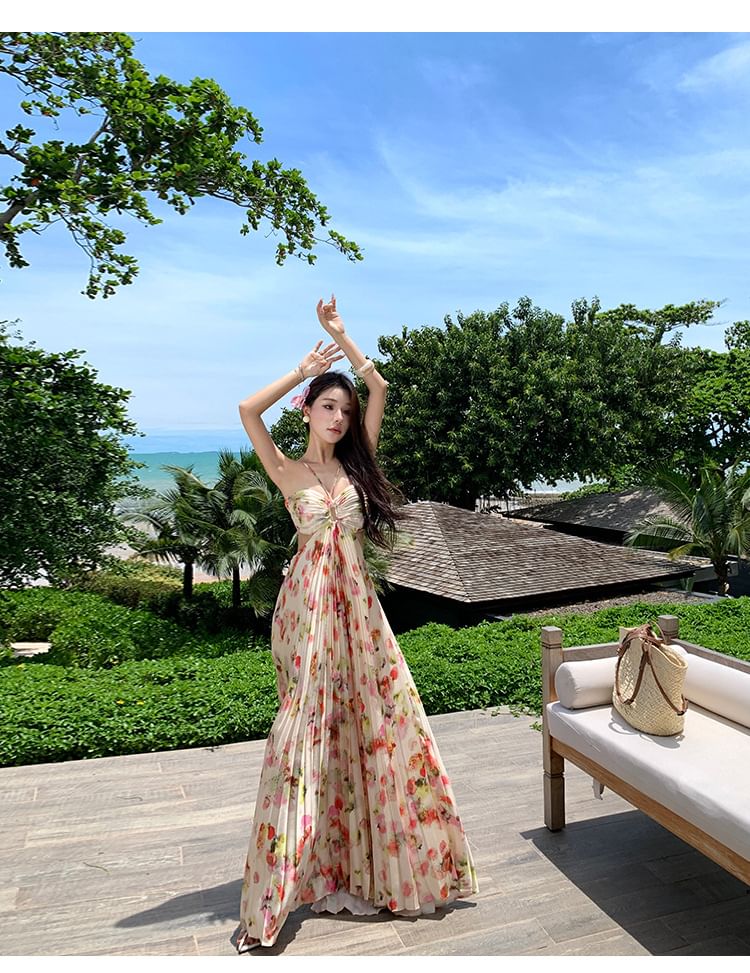 Open A-Line Pleated Floral Print Dress Back Neck Cutout Halter Maxi