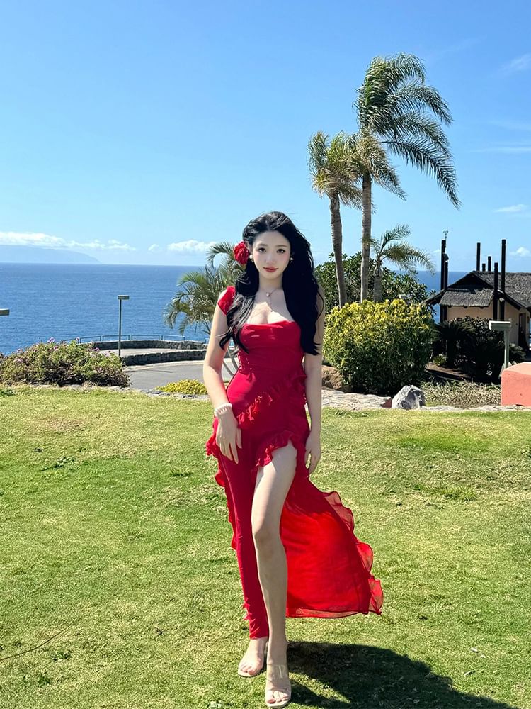 Open Sleeveless Plain Neck Square Dress Back Slit Bodycon Trim Ruffle Maxi