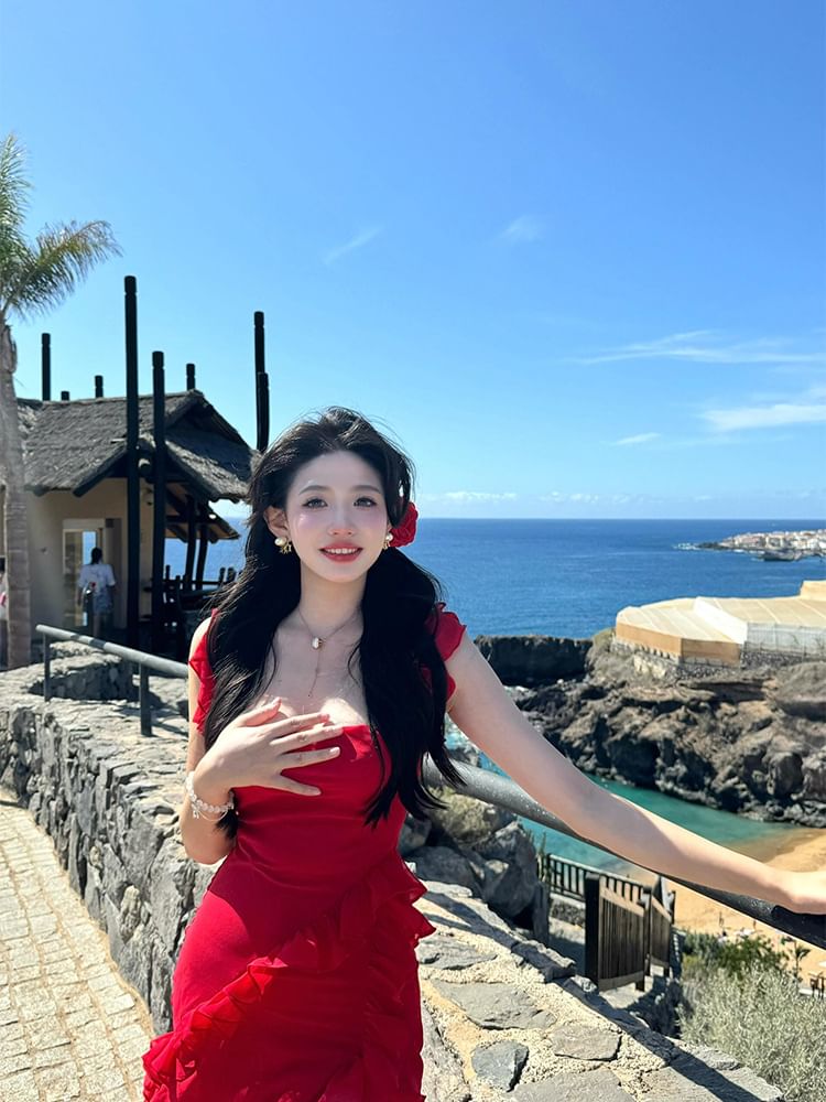 Open Sleeveless Plain Neck Square Dress Back Slit Bodycon Trim Ruffle Maxi