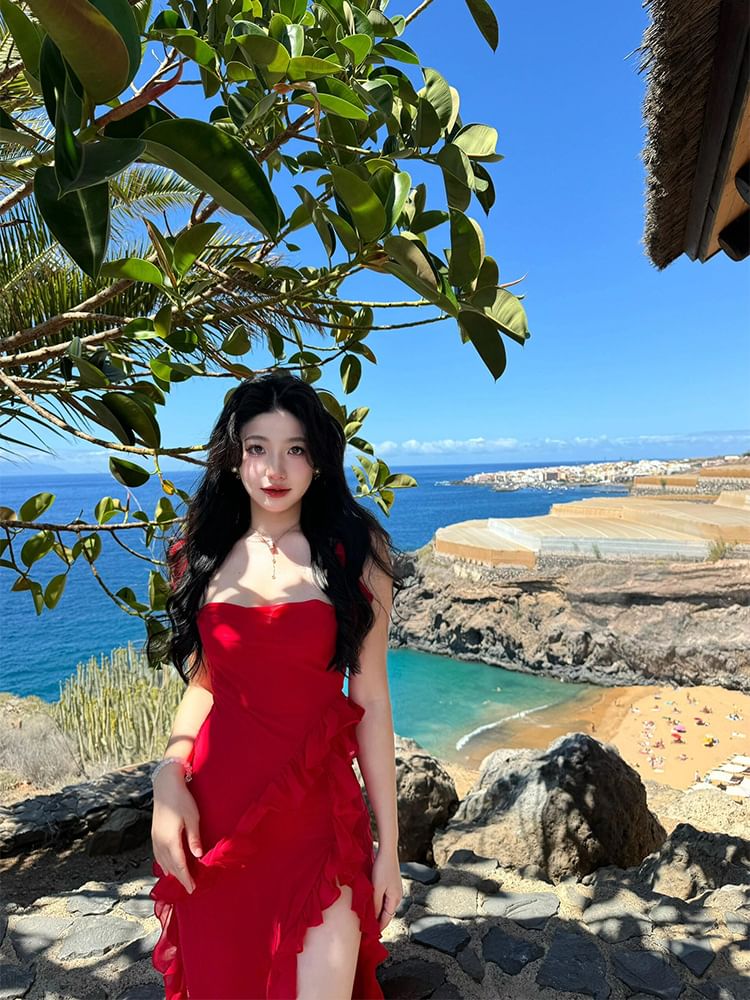 Open Sleeveless Plain Neck Square Dress Back Slit Bodycon Trim Ruffle Maxi