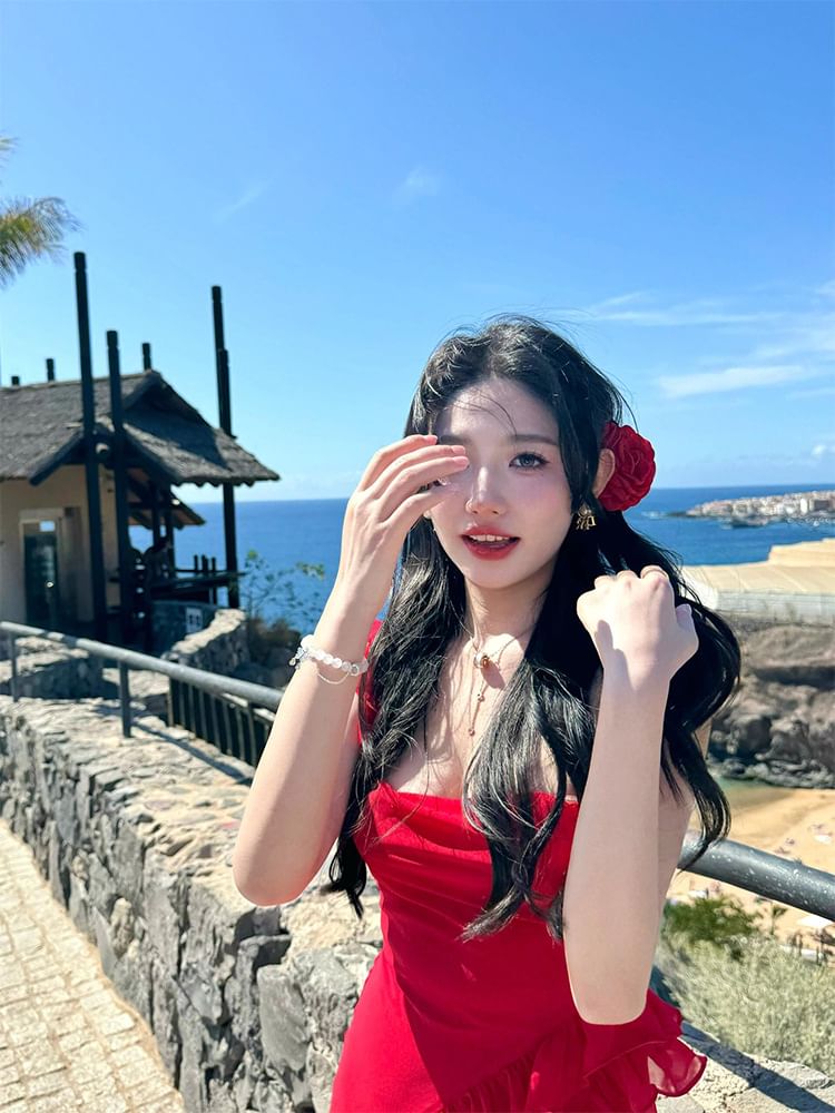 Open Sleeveless Plain Neck Square Dress Back Slit Bodycon Trim Ruffle Maxi