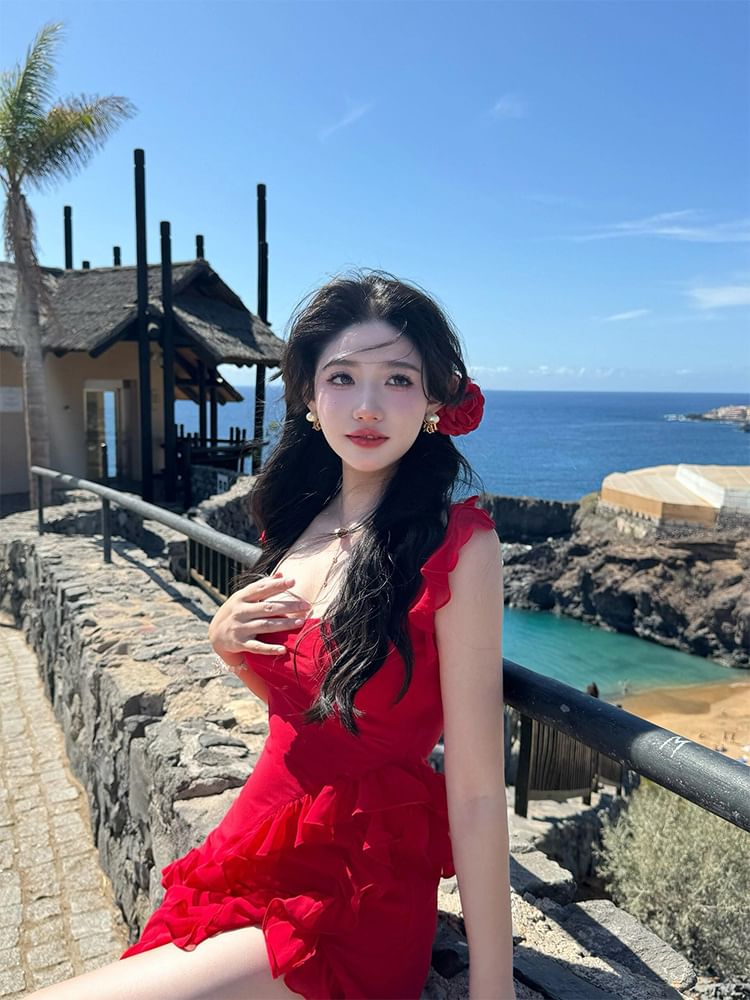 Open Sleeveless Plain Neck Square Dress Back Slit Bodycon Trim Ruffle Maxi