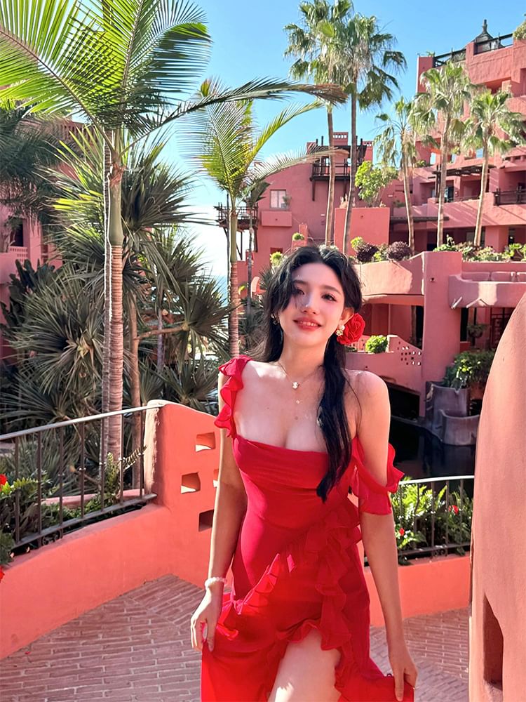 Open Sleeveless Plain Neck Square Dress Back Slit Bodycon Trim Ruffle Maxi