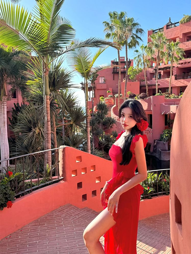 Open Sleeveless Plain Neck Square Dress Back Slit Bodycon Trim Ruffle Maxi