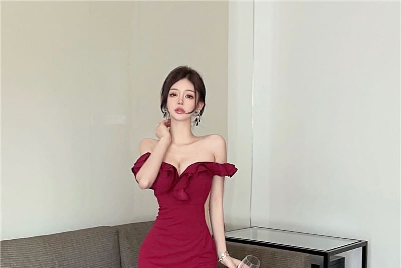 Side-Slit Evening Ruffle Plain Gown Mermaid Short-Sleeve