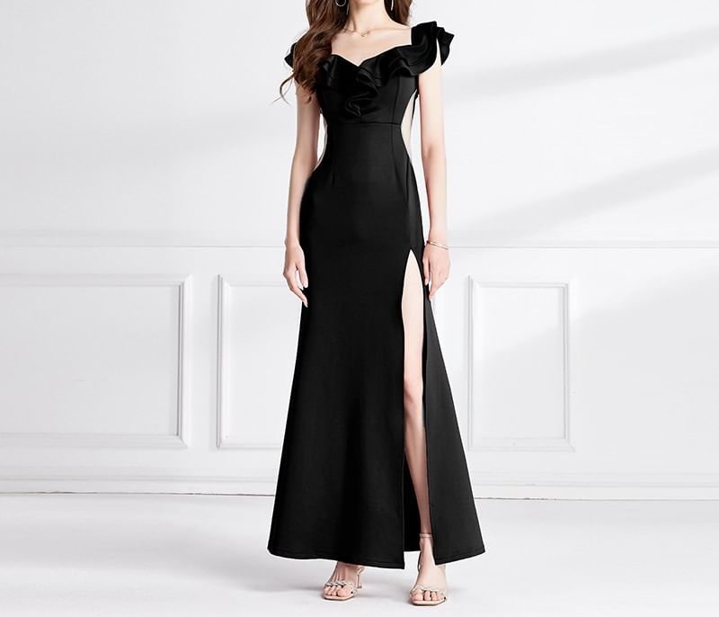 Side-Slit Evening Ruffle Plain Gown Mermaid Short-Sleeve