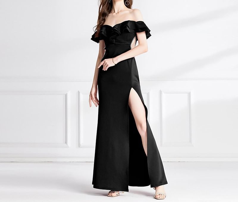 Side-Slit Evening Ruffle Plain Gown Mermaid Short-Sleeve
