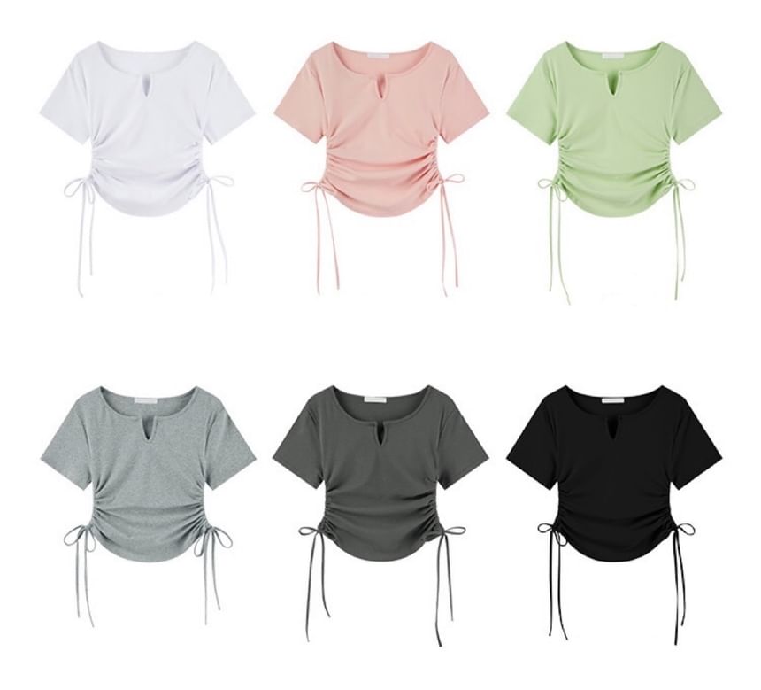 Neck Plain Waist Tee Drawstring Notch Short-Sleeve