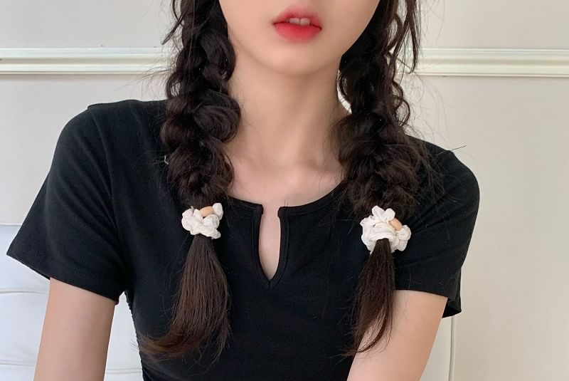 Neck Plain Waist Tee Drawstring Notch Short-Sleeve