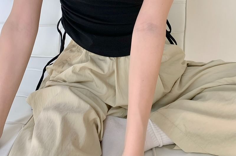 Neck Plain Waist Tee Drawstring Notch Short-Sleeve