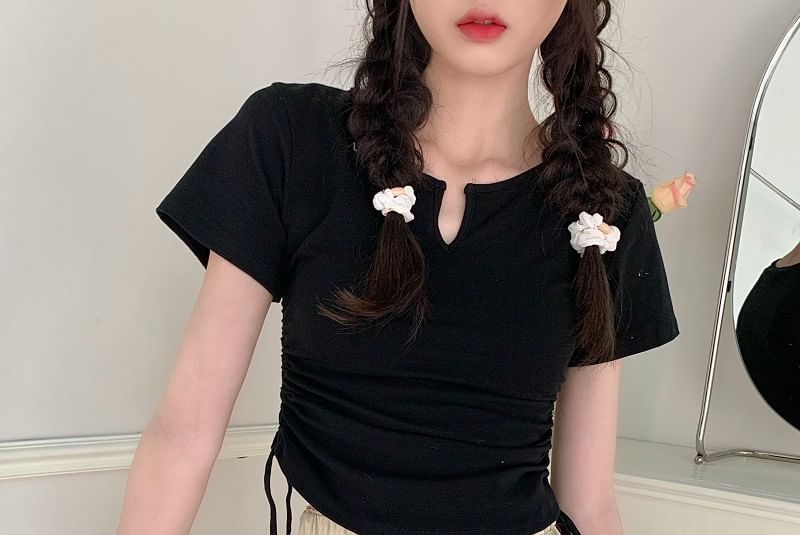 Neck Plain Waist Tee Drawstring Notch Short-Sleeve