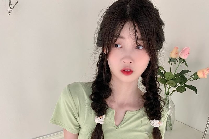 Neck Plain Waist Tee Drawstring Notch Short-Sleeve