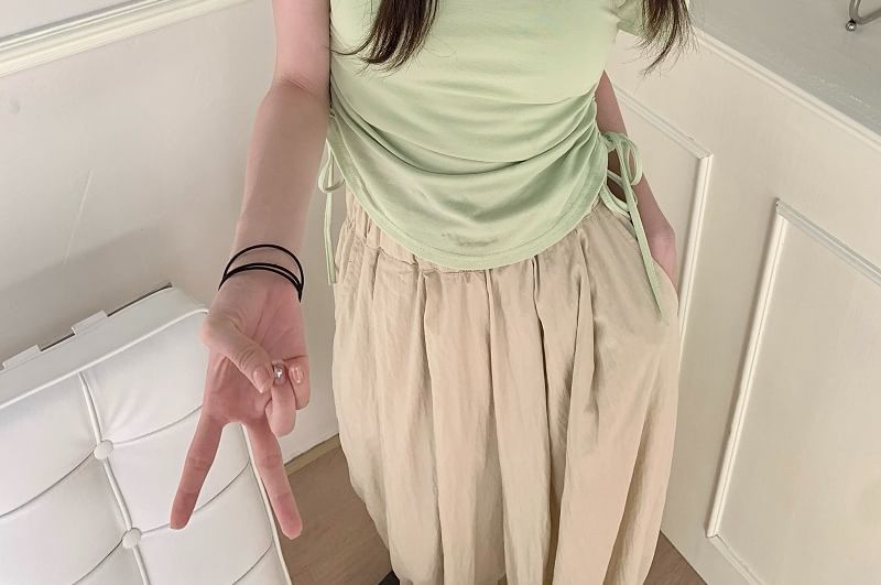 Neck Plain Waist Tee Drawstring Notch Short-Sleeve