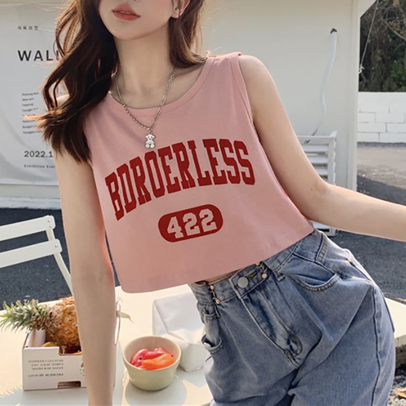 Top Crop Numbering Tank Print Lettering Neck Crew