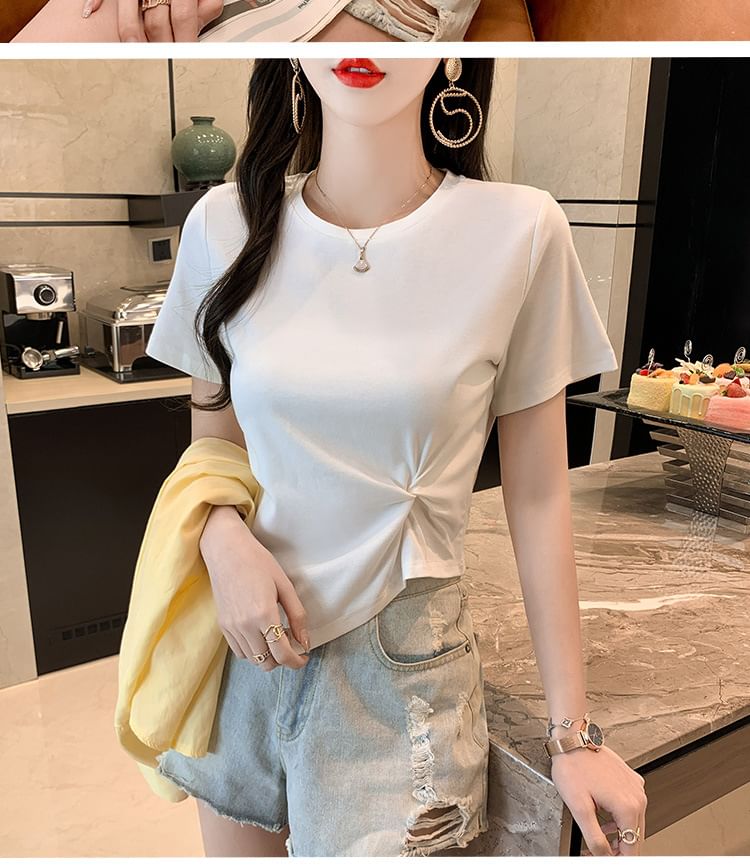 Ruched Neck Plain Asymmetrical Short-Sleeve T-Shirt Crew