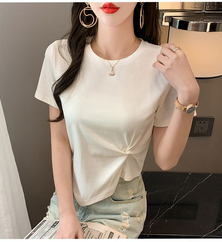 Ruched Neck Plain Asymmetrical Short-Sleeve T-Shirt Crew