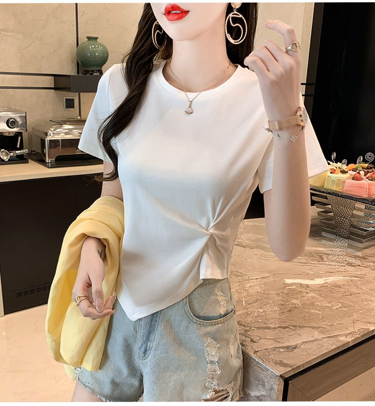 Ruched Neck Plain Asymmetrical Short-Sleeve T-Shirt Crew