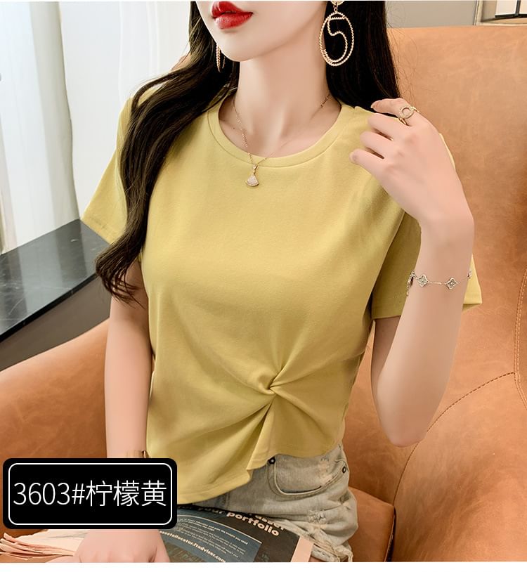 Ruched Neck Plain Asymmetrical Short-Sleeve T-Shirt Crew