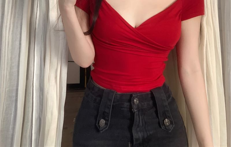 Short-Sleeve T-Shirt V-Neck Plain Wrap