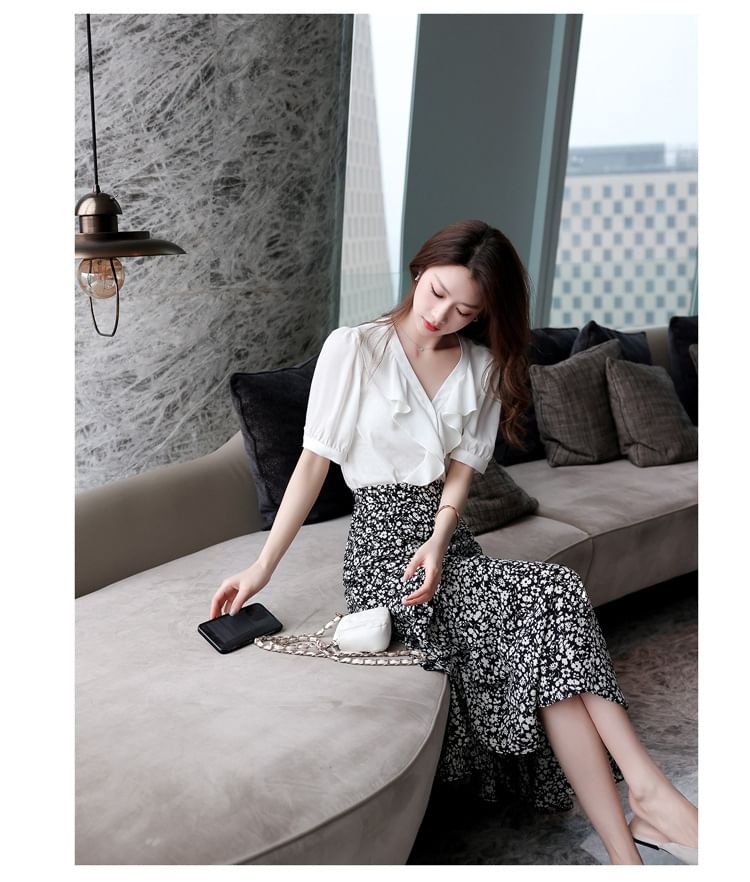 Floral Skirt Waist A-Line Elastic Midi Print