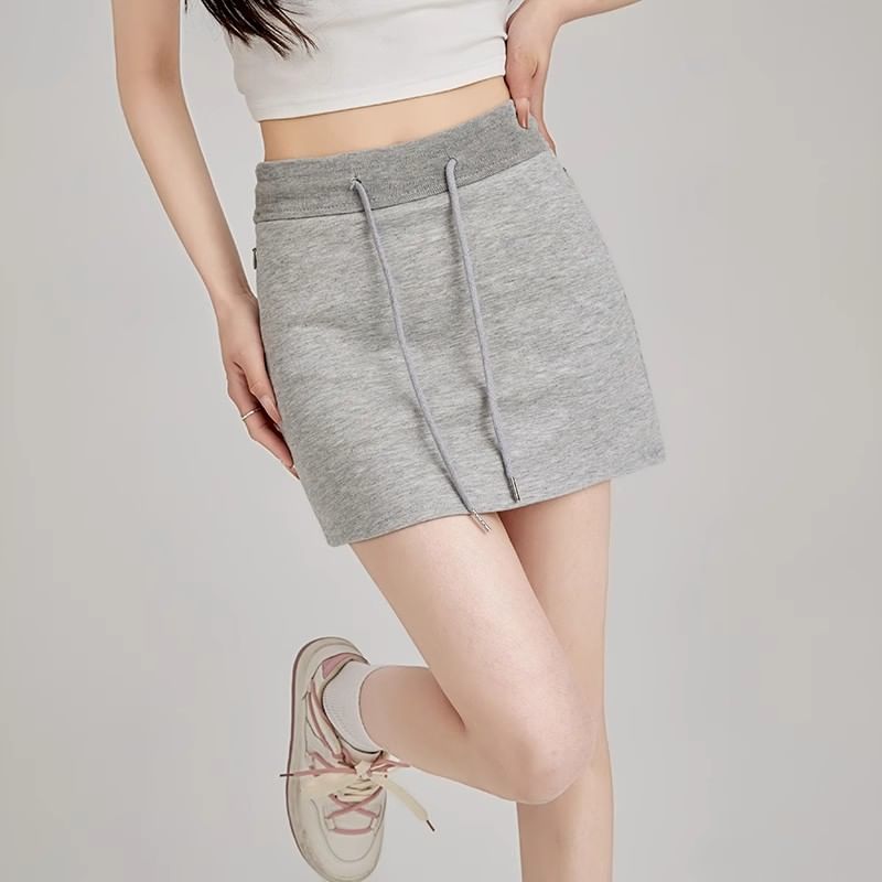 Mini Pencil Waist Skirt Drawstring Plain