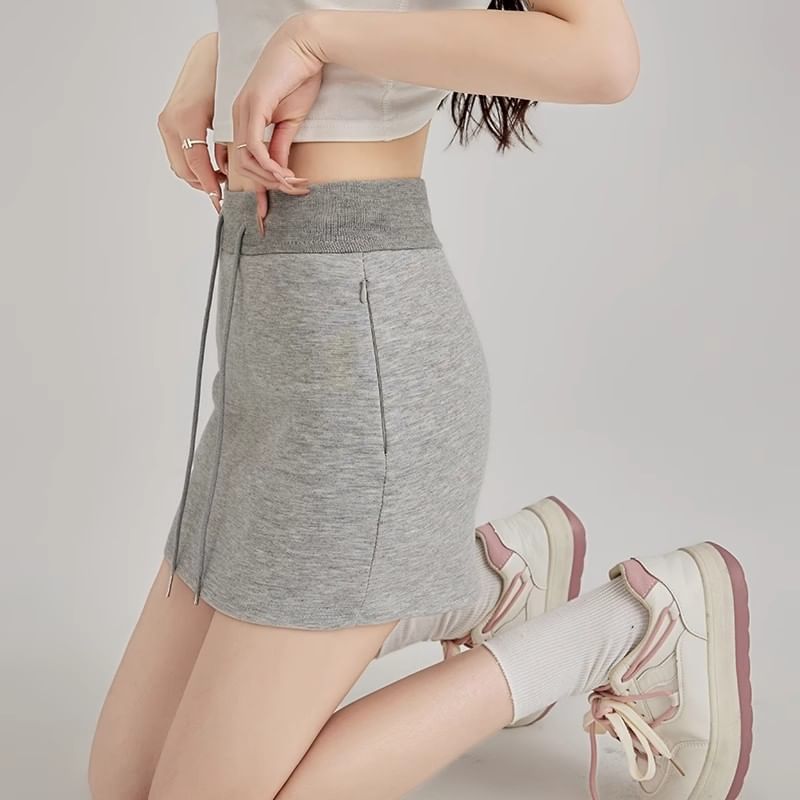 Mini Pencil Waist Skirt Drawstring Plain