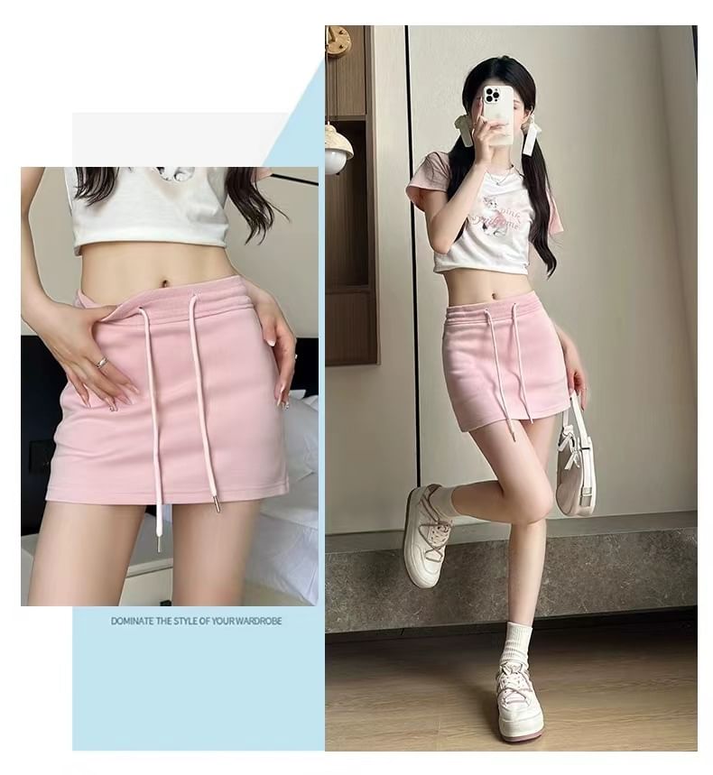 Mini Pencil Waist Skirt Drawstring Plain