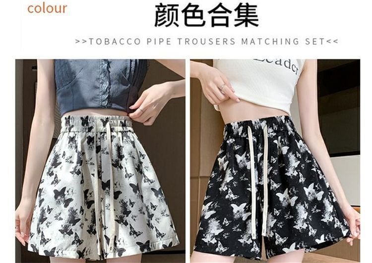 Print Waist Shorts Drawstring Butterfly