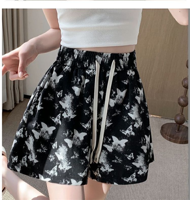 Print Waist Shorts Drawstring Butterfly