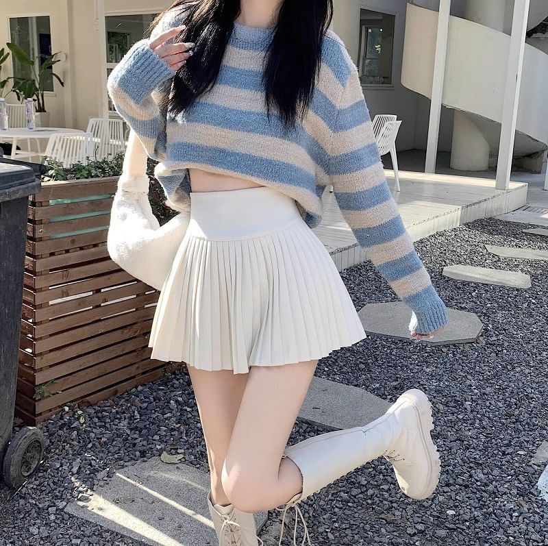 Pleated Mini A-Line Skirt Accordion High Waist Plain
