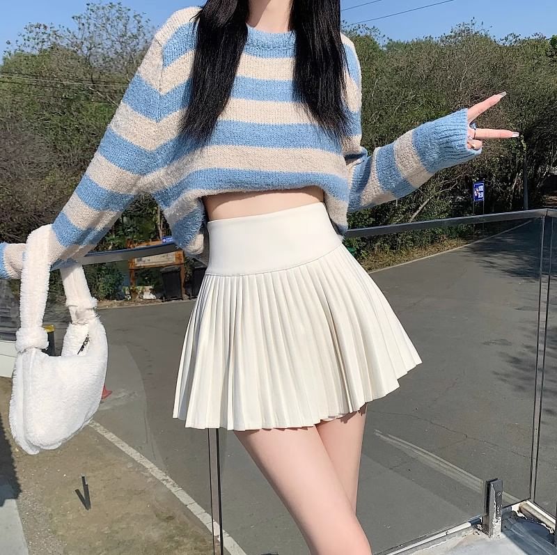 Pleated Mini A-Line Skirt Accordion High Waist Plain