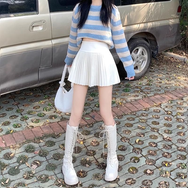 Pleated Mini A-Line Skirt Accordion High Waist Plain