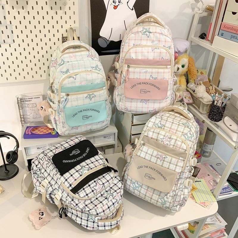 Multi-Pocket Print Charm Backpack / Cartoon Bag Set