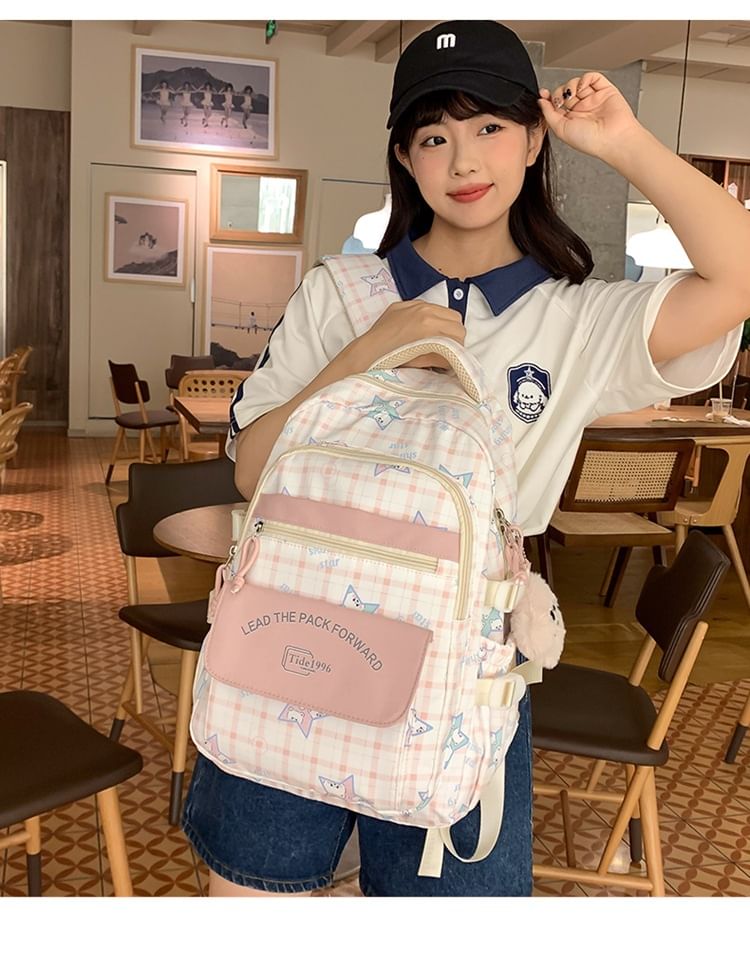Multi-Pocket Print Charm Backpack / Cartoon Bag Set