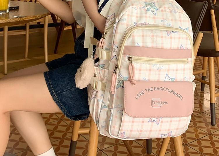 Multi-Pocket Print Charm Backpack / Cartoon Bag Set