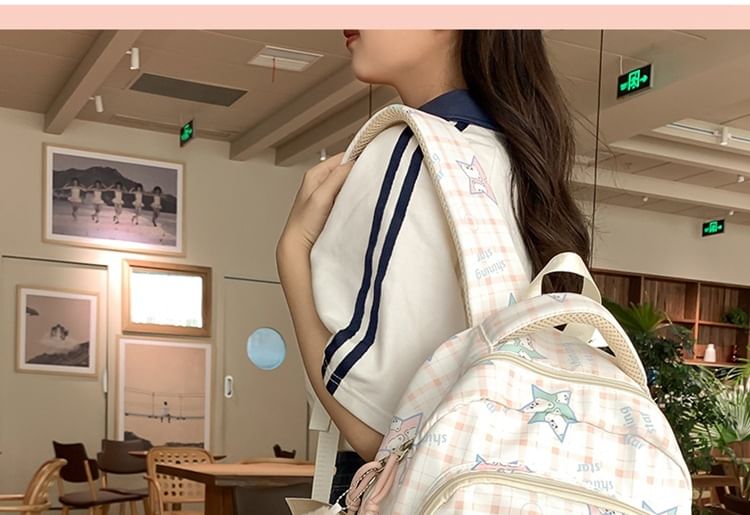 Multi-Pocket Print Charm Backpack / Cartoon Bag Set