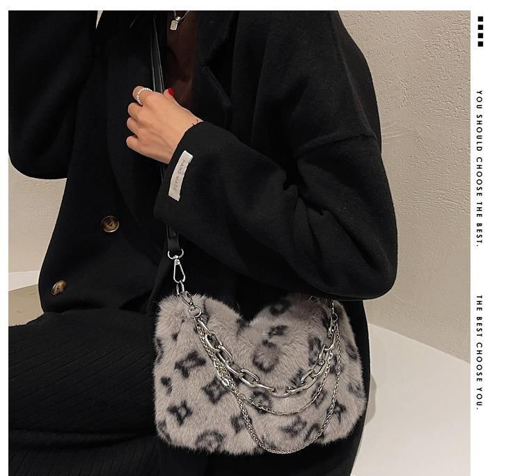 Chain Leopard Bag Crossbody Strap Print Fluffy