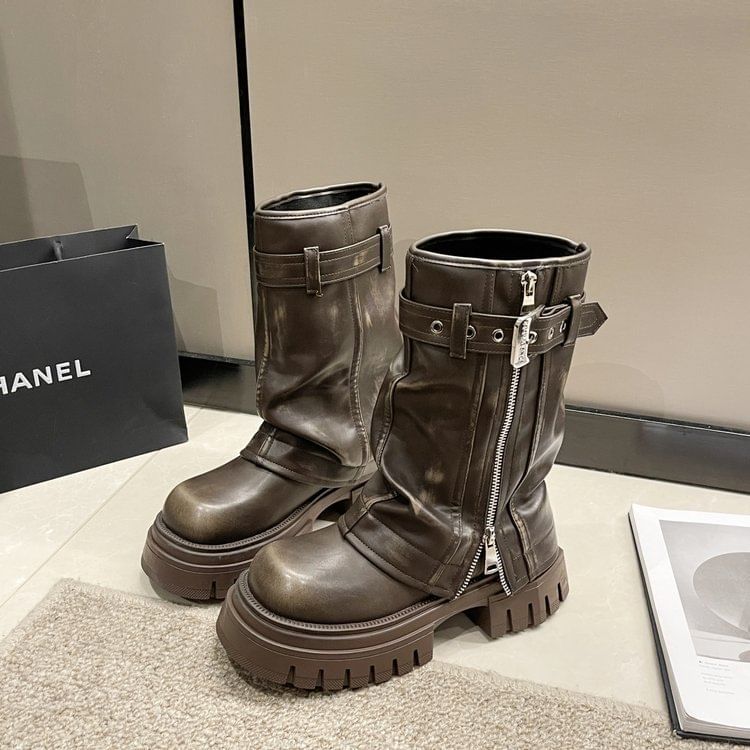 Buckled Mid-Calf Chunky Heel Platform Boots