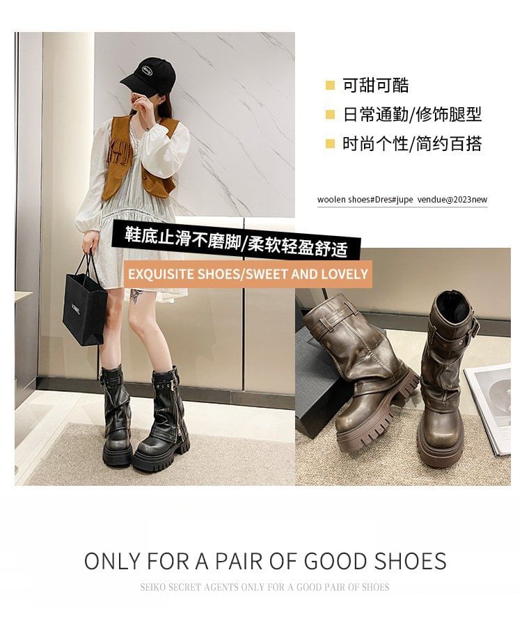 Buckled Mid-Calf Chunky Heel Platform Boots