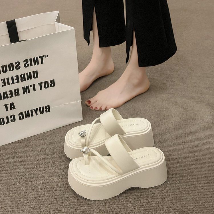 Rhinestone Slide Toe Loop Sandals Heart Platform