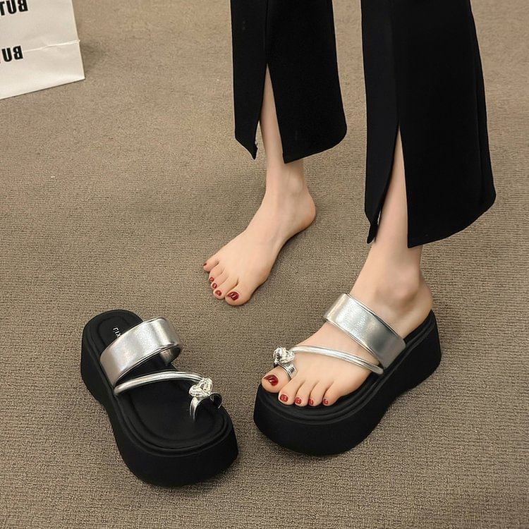 Rhinestone Slide Toe Loop Sandals Heart Platform