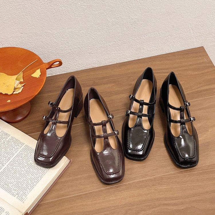 Chunky Pumps Toe Double-Strap Jane Square Mary Heel