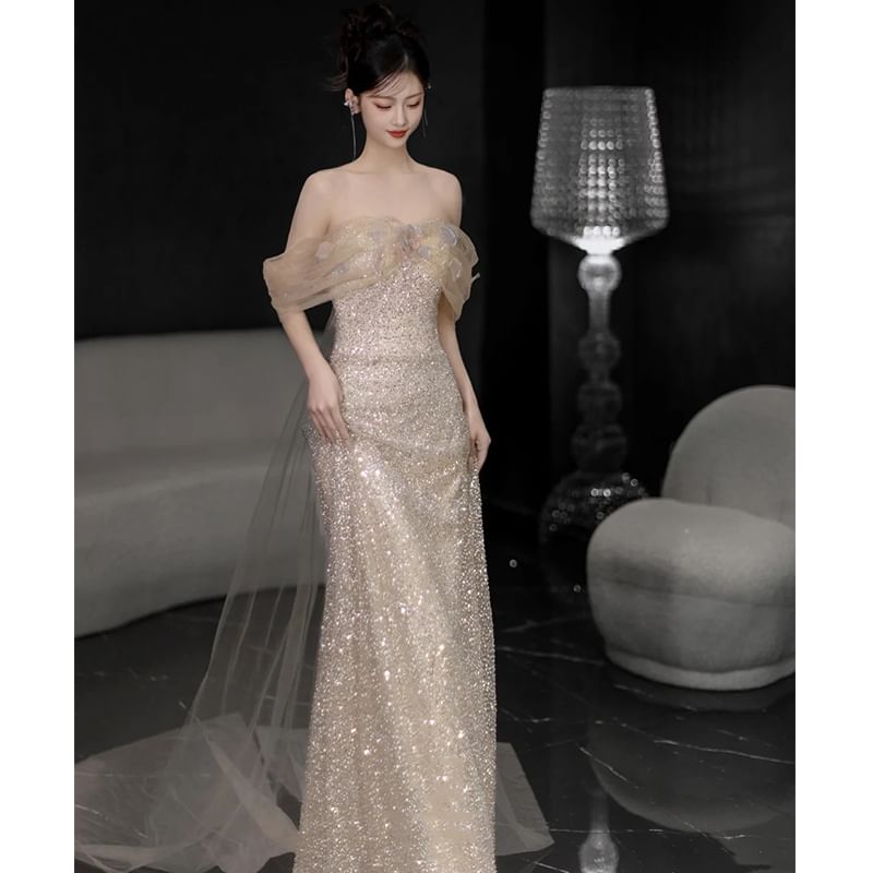 Panel Shoulder Sheer Gown Sequin Off Sheath Evening
