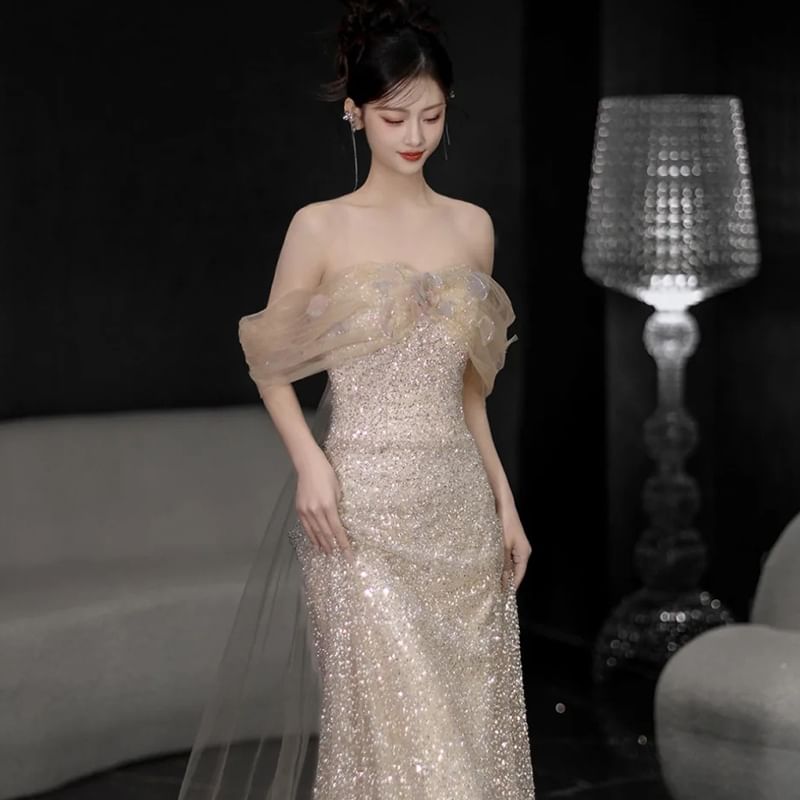 Panel Shoulder Sheer Gown Sequin Off Sheath Evening
