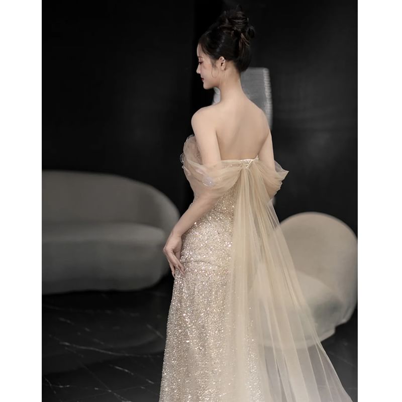 Panel Shoulder Sheer Gown Sequin Off Sheath Evening